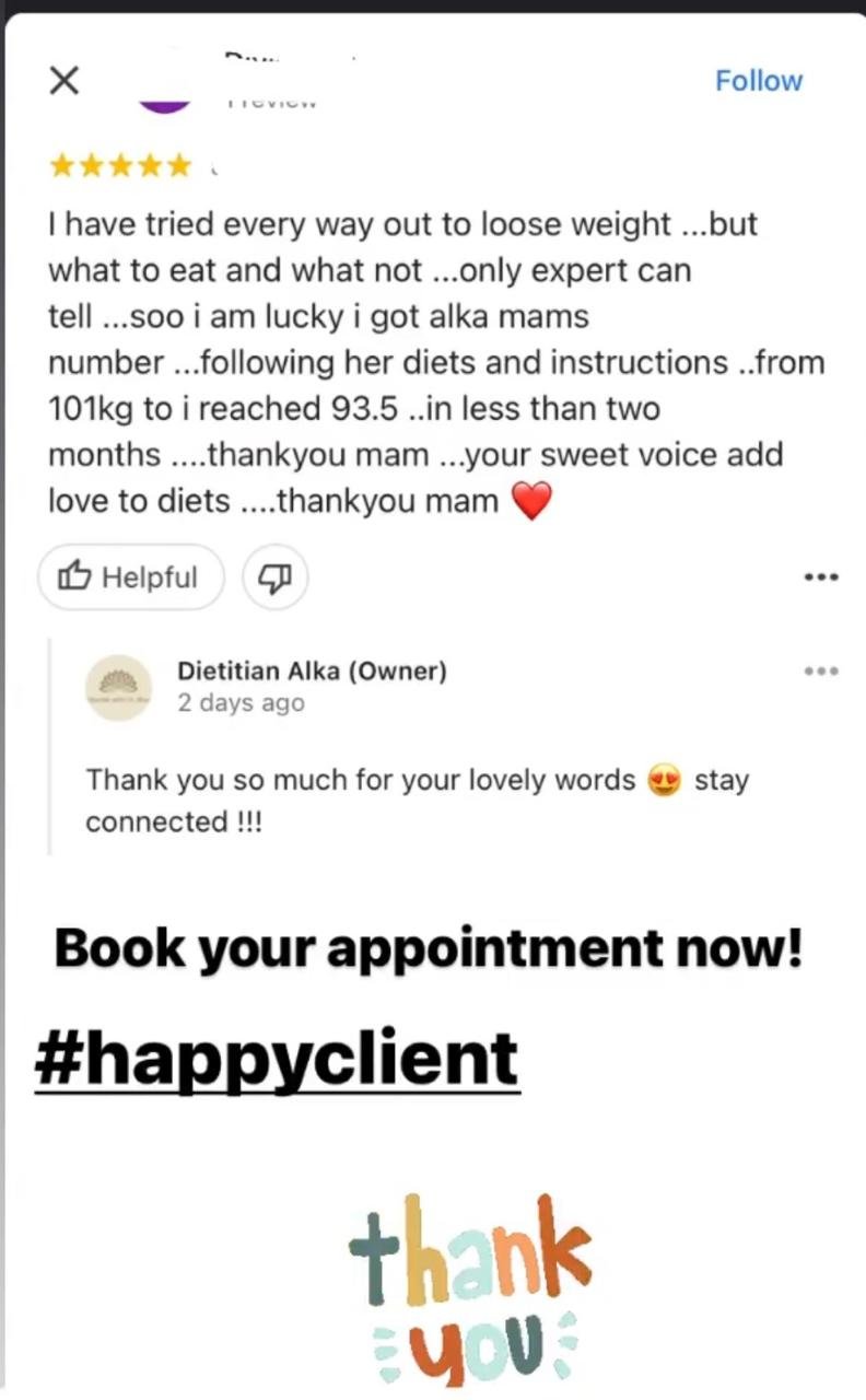Client testimonial for Dt. Alka